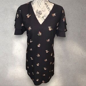 ANN TAYLOR Black Floral Flutter Sleeve V Neck Capsule Wardrobe Mini Dress Size 4